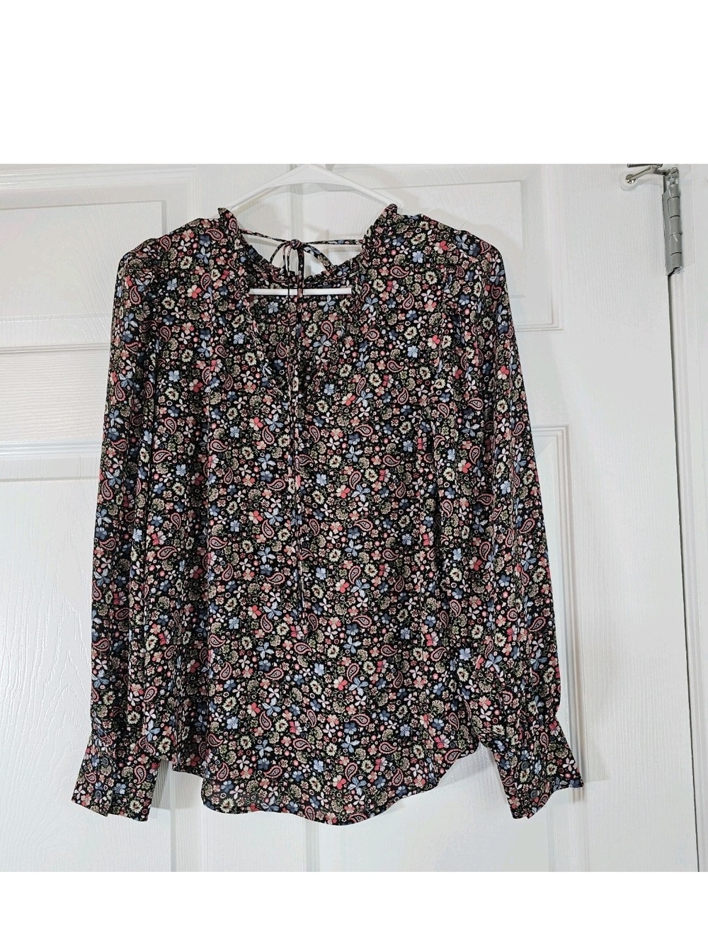 Dark Academia Black Floral Paisley Blouse Womens XXS Ditsy Ruffle Whimsigoth